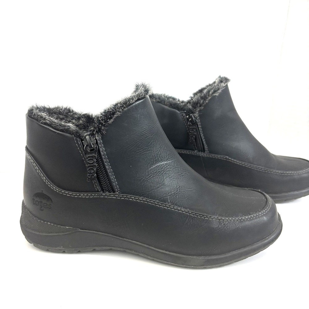 Totes Faux Fur Lined Ankle Snow Boots Womens Size 8 Black Zip Winter Warm